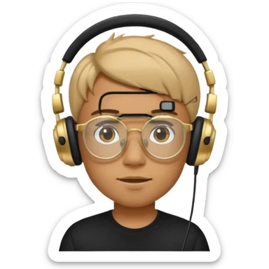 Un chico usando una camisa negra y audífonos, junto con sus lentes puestos de marco dorado. Diciendo GG arriba de su cabeza! sticker