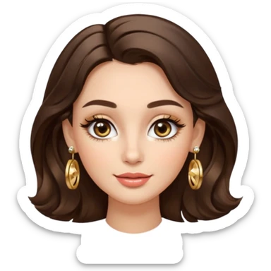 Luxury Milan girl Greta emoji: oval face, flawless skin, big light almond eyes with lashes/eyeliner, arched brows, flirty half-smile glossy lips, beauty mark, wavy warm brunette hair, gold hoop earrings, soft glow, champagne bg with sparkles, 3D sticker style, centered. sticker