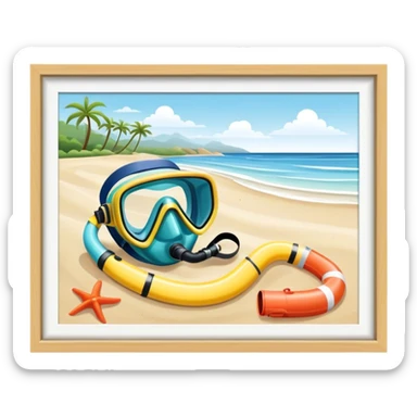 Icon for Beach Tourism: a serene beach scene with gentle waves, a snorkel mask, and a diving tube. The icon should evoke the relaxation and beauty of beach destinations. Transparent background. sticker