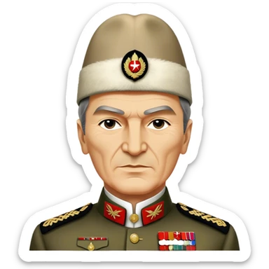 Mustafa Kemal Atatürk (statesman) in traditional hat – Cinematic Realistic Portrait of Mustafa Kemal Atatürk, depicted in dignified traditional attire with a distinctive hat, a resolute and visionary expression illuminated by warm, historic lighting, rendered with rich textures that evoke his transformative leadership. sticker