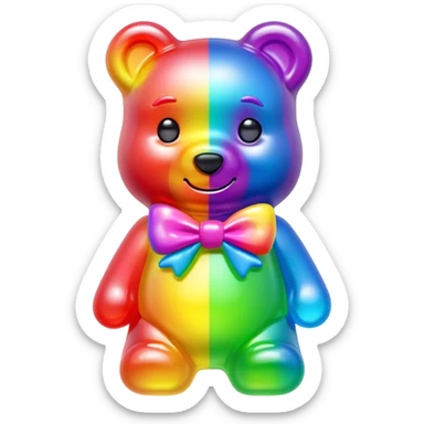 A neon rainbow girl gummy bear with bow sticker