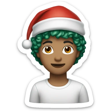 Unisex person light skin short curly dark green hair in a red Santa hat  sticker