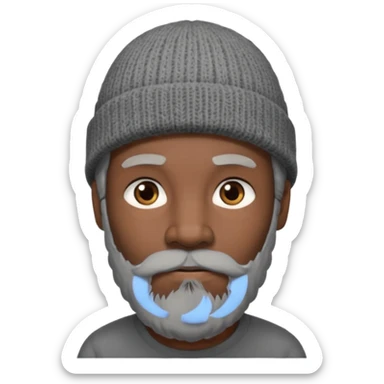 A dark-skinned man with a gray beanie, brown eyes, and a dark gray beard, wearing a calm expression. sticker