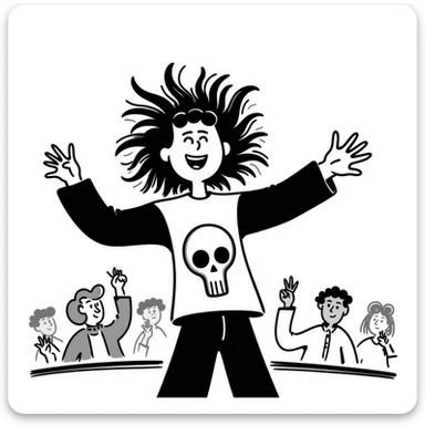A person enthusiastically headbanging at a concert, wearing a band shirt with wild hair flying sticker