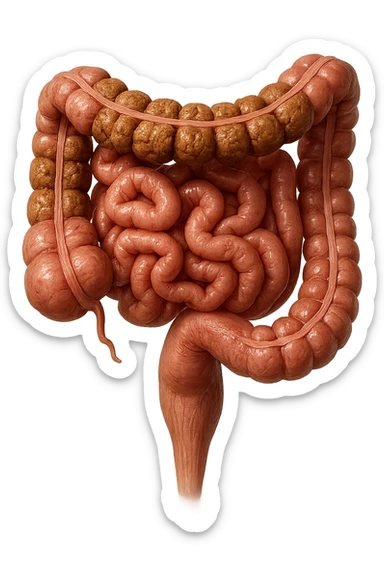 intestino umano anatomico con colon pieno di feci spezzettate, iperrealistica 4k sticker