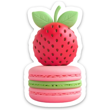 A strawberry macaron with a green leaf on top, in 3D iOS style, pastel pink and green colors, soft shadows, clean and minimalistic design sticker