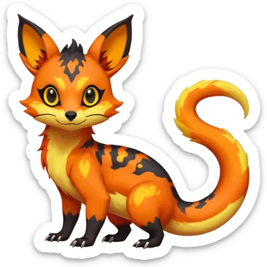 Rare tropical warm-colored exotic cute epic aesthetic colorful Salandit-Eevee-Civet-species-Fakemon-hybrid-creature, with wild fiery markings, full body sticker