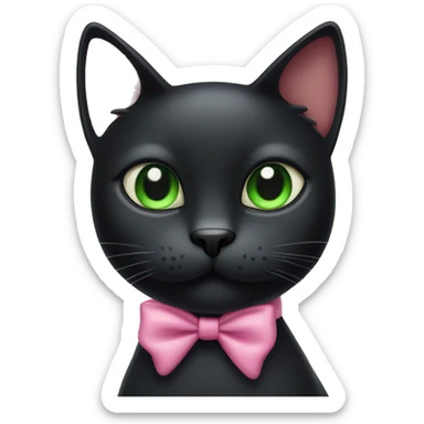 black cat with green eyes wearing a pink bow on her right ear sticker