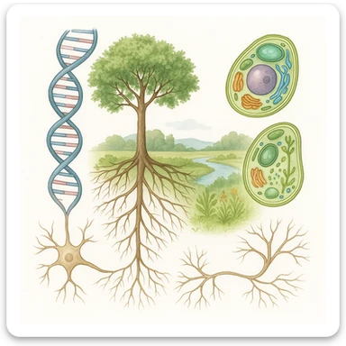A realistic biological illustration (like in a school book) showing: DNA strands transitioning into a tree, cells with visible organelles, neurons connected to plant roots  and a balanced ecosystem background . Seamless integration, no labels or borders, white background, detailed but minimalist.  sticker