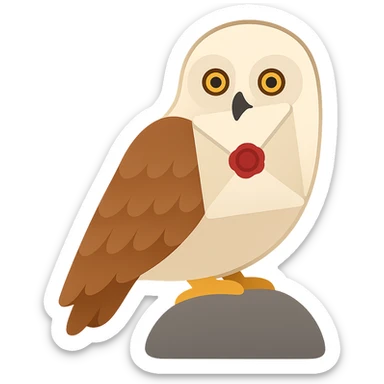 Depict the same owl holding a letter from Hogwarts in its beak, without outlines, with clear shadows and highlights, in a color filled icon style. sticker