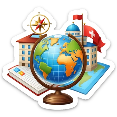 An icon featuring a hotel building, and a globe, symbolizing the scientific study of tourism and hospitality. The design includes a map, a compass, and a checklist, representing travel planning and service management. Transparent background highlights the academic exploration of the tourism industry sticker