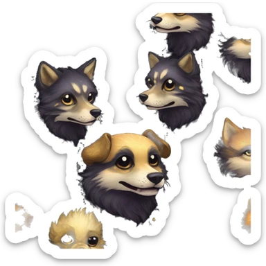 Black iridescent fluffy dog fox head zombie skeleton gold mechanical nebula galaxy stars flowers fairy lights vintage sticker