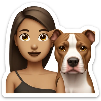 light skin girl with dark brown straight hair face next to red pitbull sticker