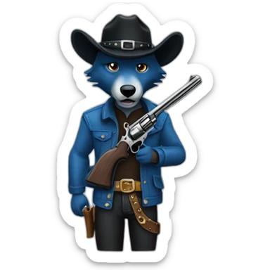 blue wolf. black cowboy hat, cowboy revolver sticker