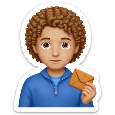 curly hair boy, bronzer skin, hair parted on the right side, brown eyes, blue clothes sticker