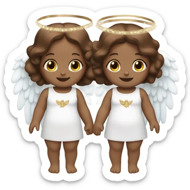 2 twin baby girls that are peach with brown hair with a halo and angel wings sticker