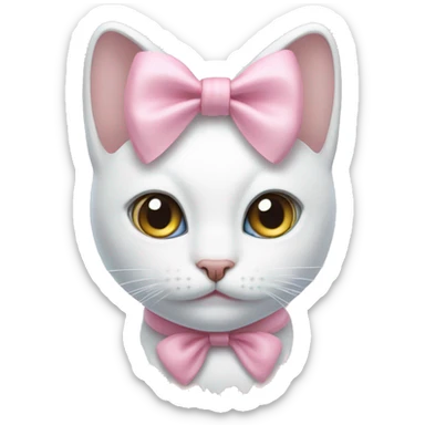 a white cat, with pastel pink bow on its neck sticker