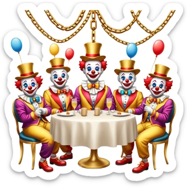 Vip restaurant full of clowns with golden chain on the neck. full height sticker