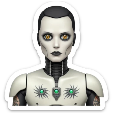 black metal Tatooed robot with rada, big many tatooes on chest, neck and face, white tatoo on face sticker