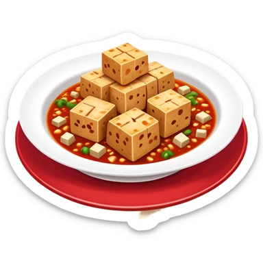 Sichuan mapo tofu spicy red dish with tofu cubes, simplified emoji style with bold outlines and bright colors, cartoon style Chinese tofu dish sticker