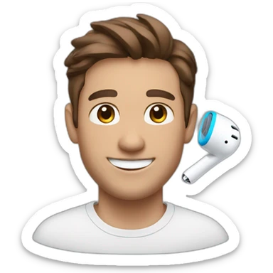 Man smiling with brown hair and a airpod sticker