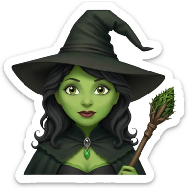 elphaba the wicked witch from wicked movie (cynthia erivo) dark long curly hair, thick lips, green skins, witch hat, witch broom, evil, wicked musical film, smirk sticker