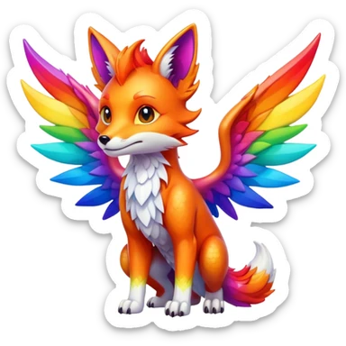 Cartoon Fox dragon hybrid with wings face front full body rainbow colored sticker