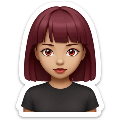 beautiful girl with dark maroon medium hair, straight bangs and red bando, red eyes and brown tshirt  sticker