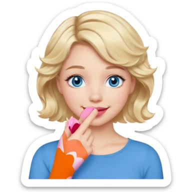 Girl Blonde short wavy hair,  blue eyes, cute blue top, long lashes, pink lips, smiling, hand covering the mouth sticker