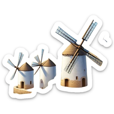 ​Cinematic Realistic Spanish Windmills (Mota del Cuervo), depicted as a cluster of gracefully aged windmills with weathered whitewashed facades and rustic wooden sails, standing proudly on a sunlit, rolling hillside of golden fields and olive groves, rendered with intricate textures and soft natural lighting that captures the timeless rural charm and historical significance of the Spanish landscape, sticker