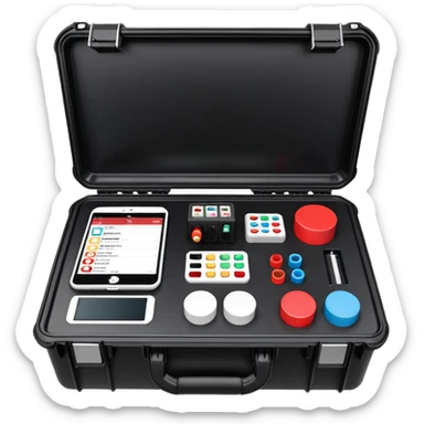 An open, black outdoor test case.Interior: control panel with colored test jacks, USB ports, and a power outlet. A red test probe is located next to it. On the left side of the case is a large roll of white, round test labels displaying QR codes.  sticker