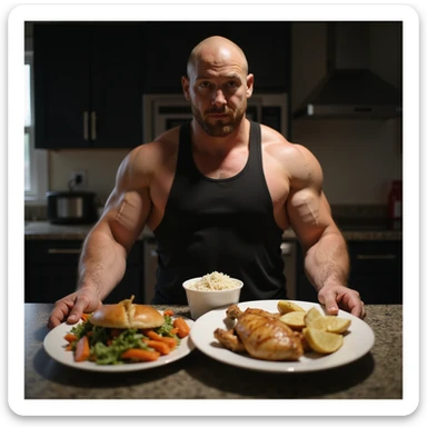 muscular man showing his 2000 calorie meal, plates with chicken, rice, vegetables, potatoes, sports kitchen atmosphere, hyperrealistic 4K details sticker