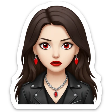 brunette with very long hair in black cuir jacket with red lips and very dark brown eyes and white shirt and mysterious necklace without piercing with evil eyes sticker