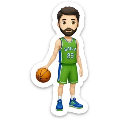 Full Body  white male basketball player with short shaggy dark hair and gold tee beard wearing blue and green uniform sticker
