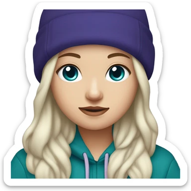 White girl, blue eyes, long teal hair, purple beanie hat, black hoodie, blue jeans, black shoes sticker