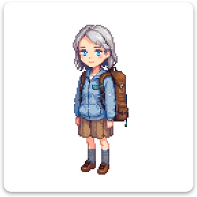 white woman park ranger with blue eyes, brown and gray hair, wearing a backpack, standing in a nature background sticker
