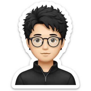 Make an Asian male with black fluffy messy hair wearing a black quarter zip and glasses sticker