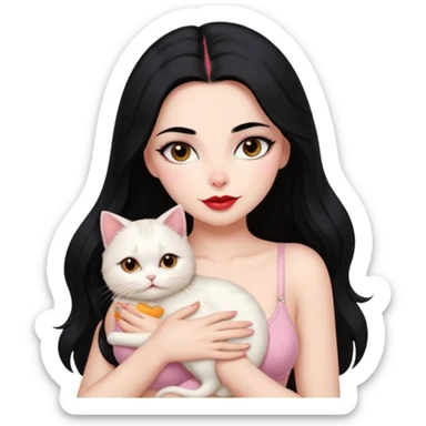 Beautiful Girl Long Hair black, Brows Big , Skin White, bra Pale Pink , Big Red Lips, EyesCoffe , Big hug Little baby Persa Cream Cat With Cute Eyes sticker