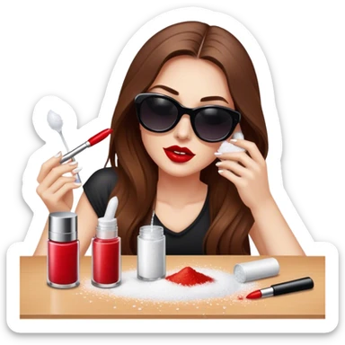 White woman with long brown hair and dark sunglasses sprinkling table salt on top of some lipsticks sticker