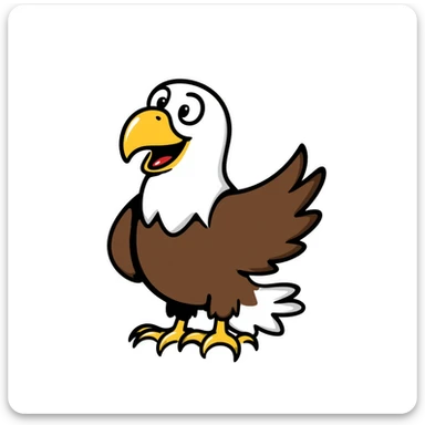 cartoon bald eagle with open beak from front view, white head, yellow beak, brown body sticker