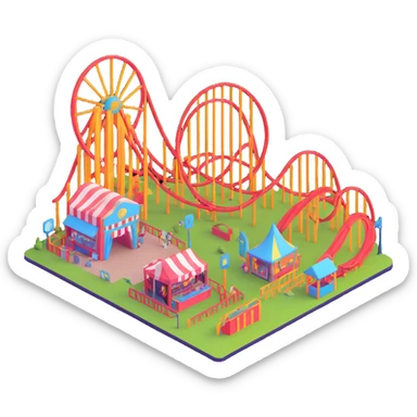 A 3D festival environment with interactive booths, games, and a roller coaster sticker