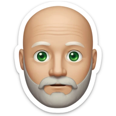 a man with light skin, a bald head, and a well-maintained beard that is darker at the top and greying towards the chin. He has striking light green eyes and a subtle, closed-mouth smile. The lighting highlights his face, and the background is softly blurred, suggesting an indoor setting. sticker