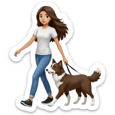 A beautiful girl with long brown hair and wearing a tight short-sleeved shirt is walking a black and white Border Collie sticker