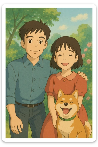 couple with pet posing for photo sticker