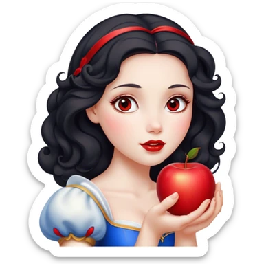 Cinematic Elegant Snow White Portrait Emoji, Delicately holding a red apple, eyes glimmering with mystery, soft curls perfectly placed, her royal presence glowing with a warm, enchanting charm! sticker