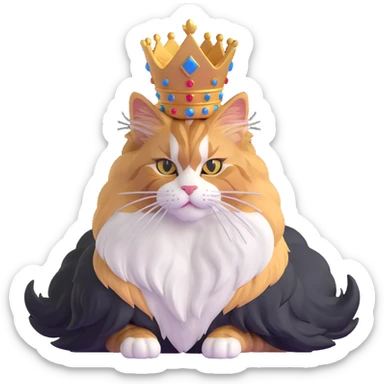 majestic calico maine coon cat with fluffy mane wearing a royal crown sticker