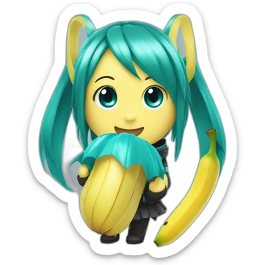 hatsune miku as a minion holding a banana sticker