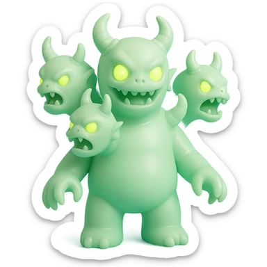 terrifying monster with multiple heads, twisted horns, clawed hands, eerie green glow, vinyl figure style sticker