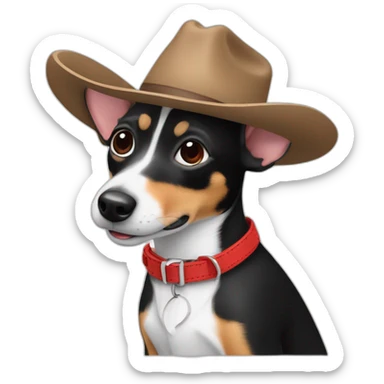 rat terrier wearing a cowboy hat and red collar smiling no brown (black and white) sticker