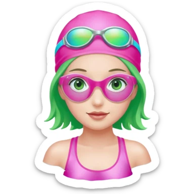 pretty girl with green eyes pink swim cap holographic swimming glasses and cute profesional swimmer pink swimsuit swimming sticker